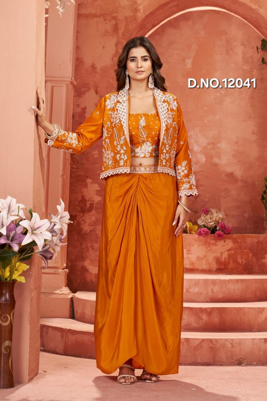 Couture Pre-Draped Cowl Skirt Co-Ord with Embellished Blazer