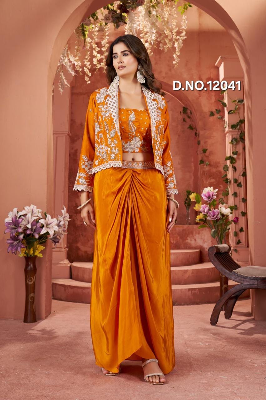 Couture Pre-Draped Cowl Skirt Co-Ord with Embellished Blazer