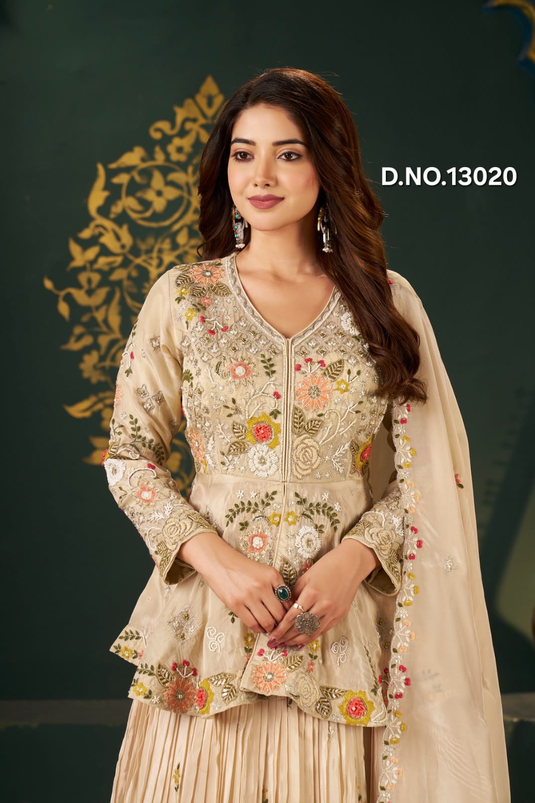 Peplum Top with Lehenga & Embroided Dupatta in Pure Shimmer Tissue with Resham & Zardozi Handwork