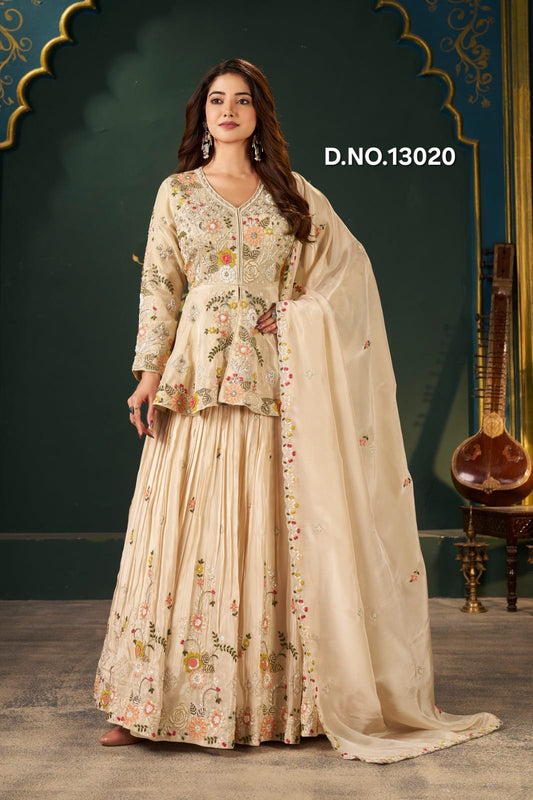 Peplum Top with Lehenga & Embroided Dupatta in Pure Shimmer Tissue with Resham & Zardozi Handwork