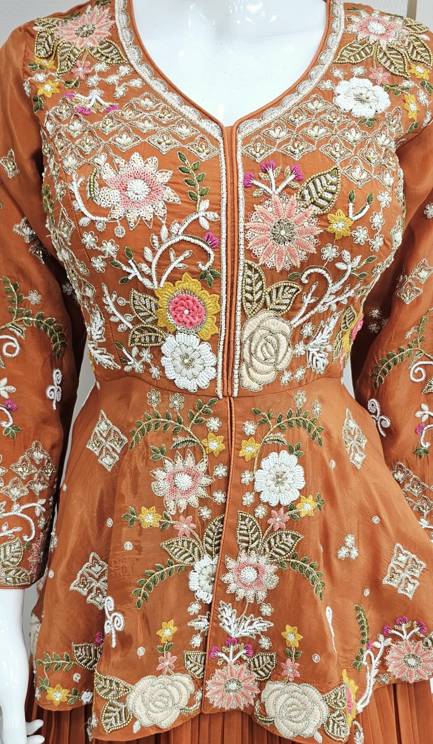 Peplum Top with Lehenga & Embroided Dupatta in Pure Shimmer Tissue with Resham & Zardozi Handwork