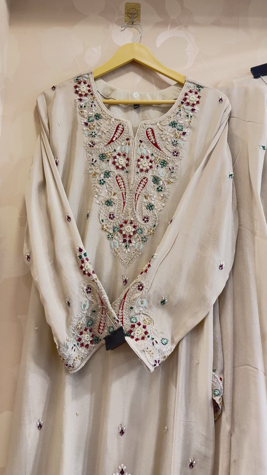 Regal Beige Pure Chinnon Gharara – Red & Green Resham Edit